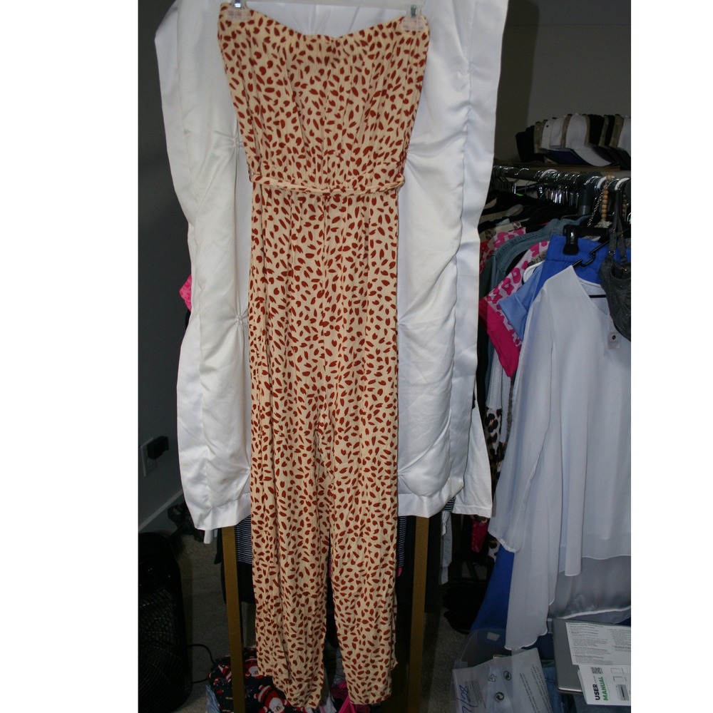 Anna-Kaci California Strapless Jumpsuit Cream Rust Orange Print Tie Waist Medium